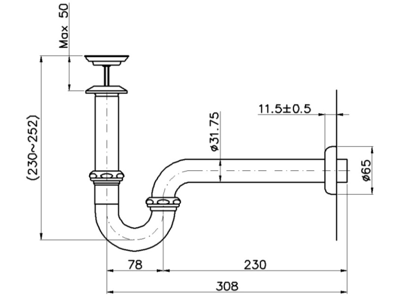 kích thước tiêu chuẩn ống thoát nước lavabo Toto